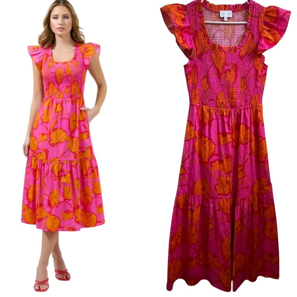 Sugarlips Passion Punch Giza Glare Smock Tiered Fuscia Floral Midi Dress SZ XS
